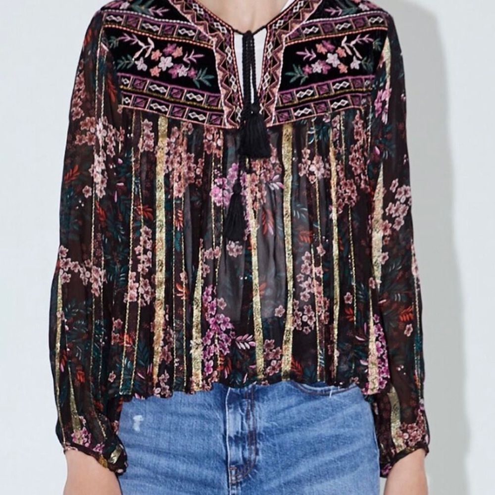 ZARA VELVET EMBROIDERED TIE UP BLOUSE